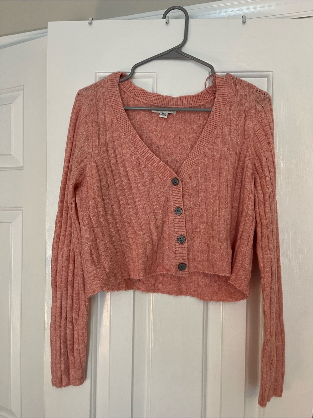American Eagle Cozy Ribbed V-Neck Button Cardigan Sweater - Pink